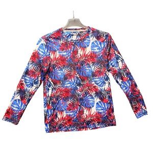 Reel Legends Performance Shirt Small Red Blue Tropical Monstera Leaf Rash Guard